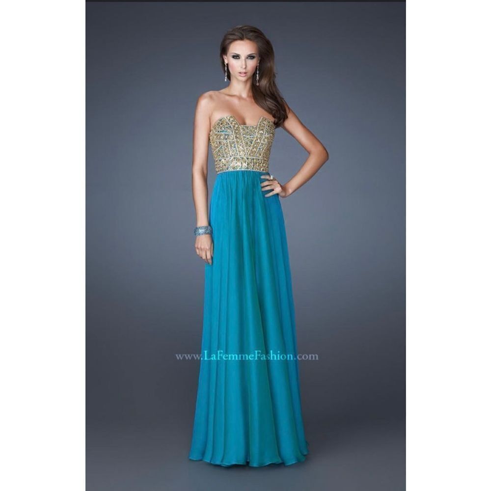 La Femme women’s strapless beaded gold and teal gown, sz 4 prom gala